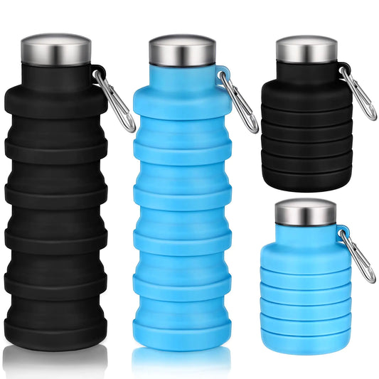 Baderke 2-Pack Collapsible Water Bottles – 17oz, Reusable Silicone with Buckle (Blue & Black)
