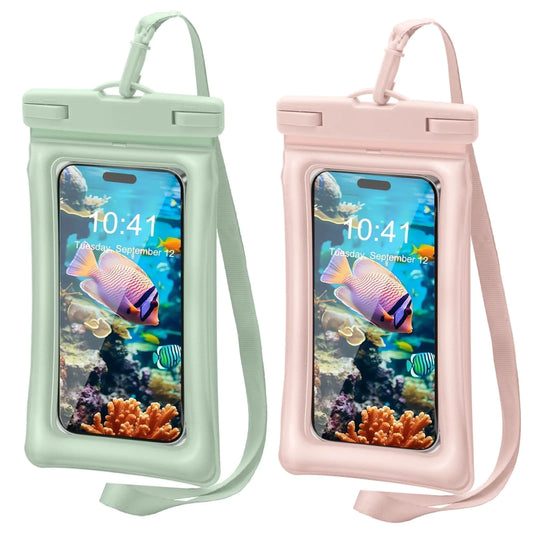MOLOSLEEVE Waterproof Phone Pouch 2-Pack (Green & Pink, IPX8, Floating, Fits up to 8.3")
