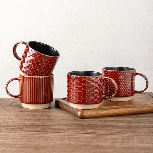 GBHOME 12oz Stackable Ceramic Coffee Mugs – Set of 4, Red, Microwave & Dishwasher Safe