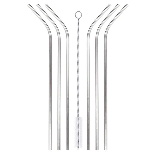 Stainless Steel Reusable Straws – 10.5" Curved Metal Straws for Hot & Cold Drinks, Set of 6 with Cleaning Brush