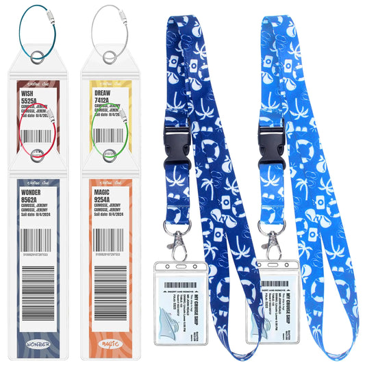 Cruise Luggage Tag Holders with Lanyards – 4 Clear Zip-Seal Tag Holders + 2 Cruise Lanyards – Fits Dream, Fantasy, Magic, Wonder, Wish & Treasure