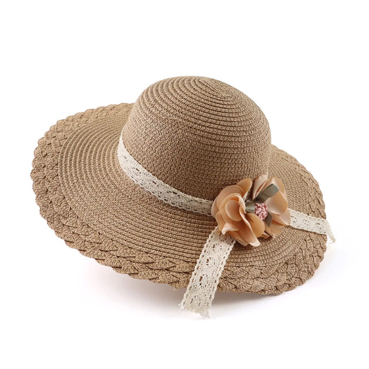 Baby Girl Straw Hat 3-6 Years Girls Summer Beach Hats with Bowknot Sun Protection Hats for Kids (Khaki Flower)