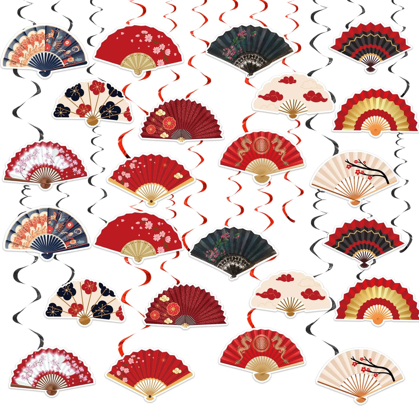 24 PCS Folding Fans Hanging Swirl Decorations