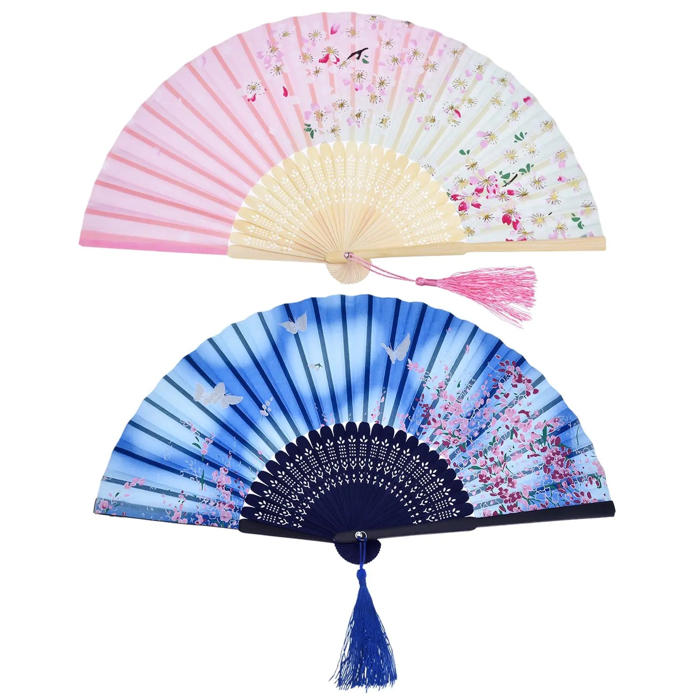 -Piece Bamboo Folding Handheld Fans (Blue Butterfly & Pink Cherry Pattern)