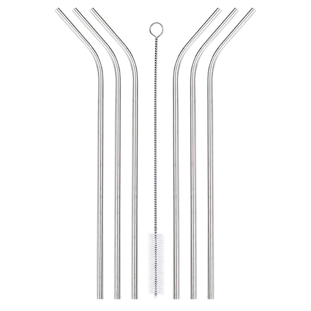 Stainless Steel Reusable Straws – 10.5" Curved Metal Straws for Hot & Cold Drinks, Set of 6 with Cleaning Brush