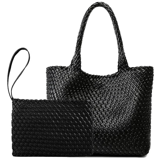 JINMANXUE Black Woven Tote – Large Vegan Leather Shoulder Bag for Work, Travel & Beach.          Ask ChatGPT