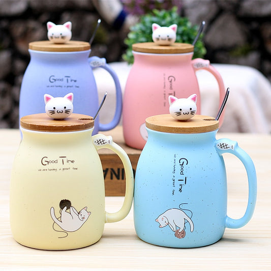 450ml Cartoon Ceramics Cat Mug With Lid and Spoon Coffee Milk Tea Mugs Breakfast Cup Drinkware Novelty Gifts - info-7699